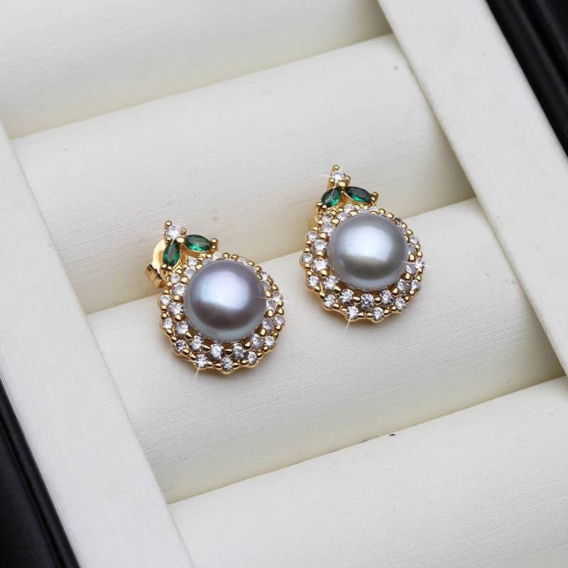 Genuine Round Freshwater Pearl Designer Earrings With Green Stone - Brands N More
