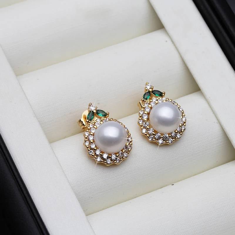 Genuine Round Freshwater Pearl Designer Earrings With Green Stone - Brands N More