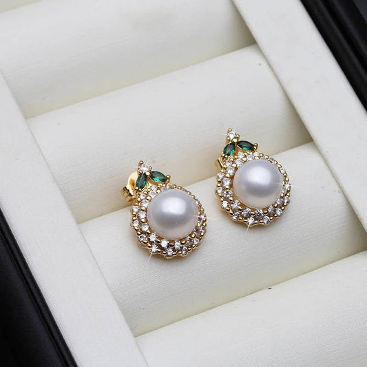 Genuine Round Freshwater Pearl Designer Earrings With Green Stone - Brands N More