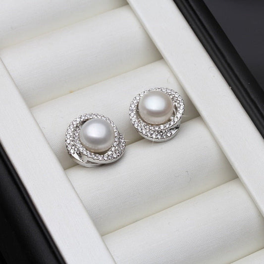Genuine Simulated Diamond & Freshwater Pearl Swirl Stud Earrings - Brands N More