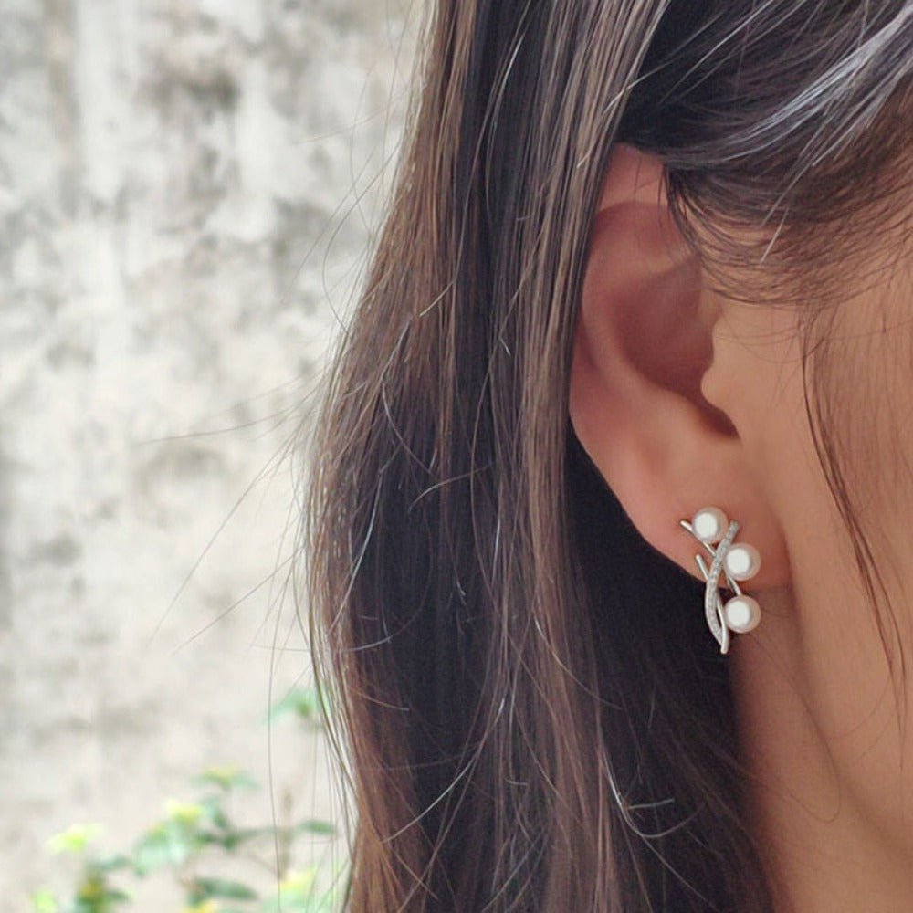 Genuine Triple Freshwater Pearl & Simulated Diamond Stud Earrings - Brands N More