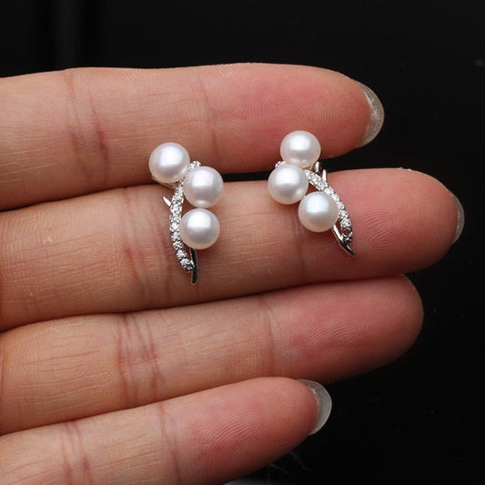 Genuine Triple Freshwater Pearl & Simulated Diamond Stud Earrings - Brands N More