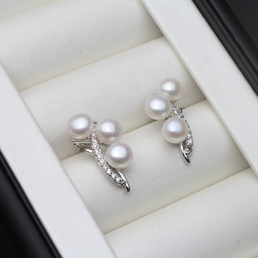 Genuine Triple Freshwater Pearl & Simulated Diamond Stud Earrings - Brands N More