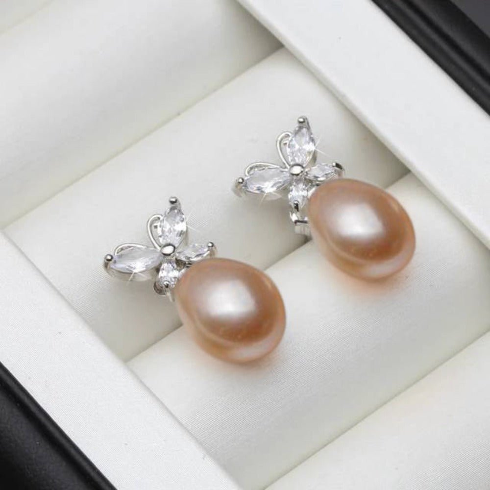 Genuine White Freshwater Pearl & Simulated Diamond Butterfly Stud Earrings - Brands N More