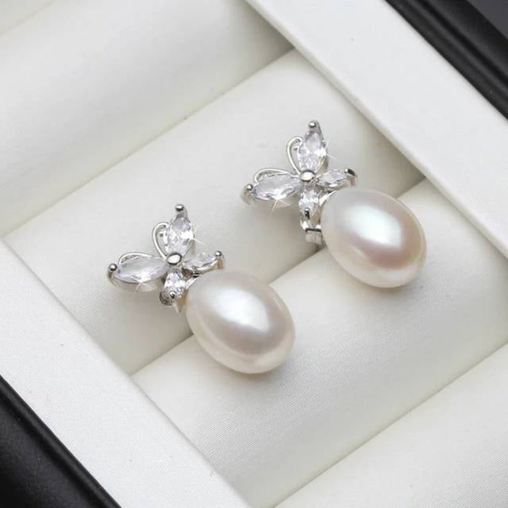 Genuine White Freshwater Pearl & Simulated Diamond Butterfly Stud Earrings - Brands N More