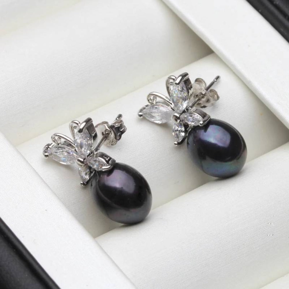 Genuine White Freshwater Pearl & Simulated Diamond Butterfly Stud Earrings - Brands N More