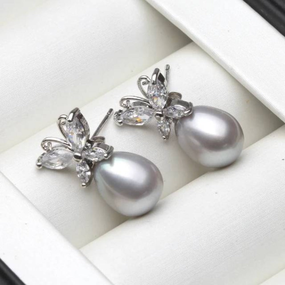 Genuine White Freshwater Pearl & Simulated Diamond Butterfly Stud Earrings - Brands N More