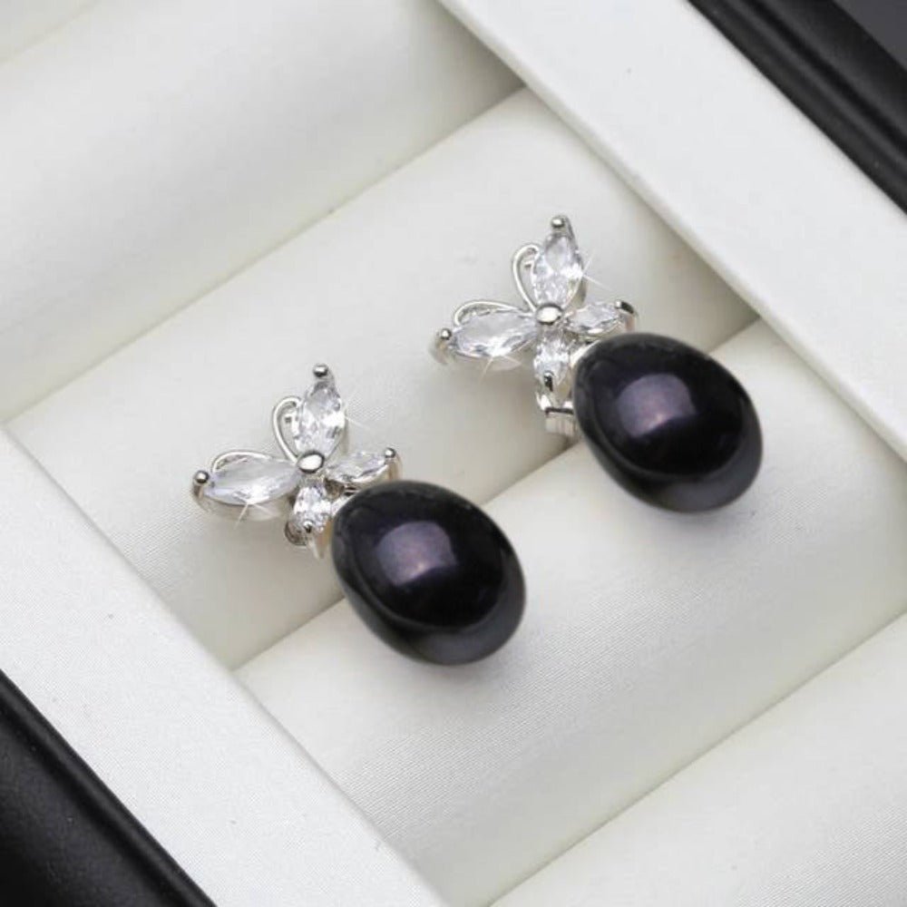 Genuine White Freshwater Pearl & Simulated Diamond Butterfly Stud Earrings - Brands N More