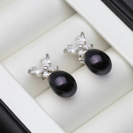 Genuine White Freshwater Pearl & Simulated Diamond Butterfly Stud Earrings - Brands N More