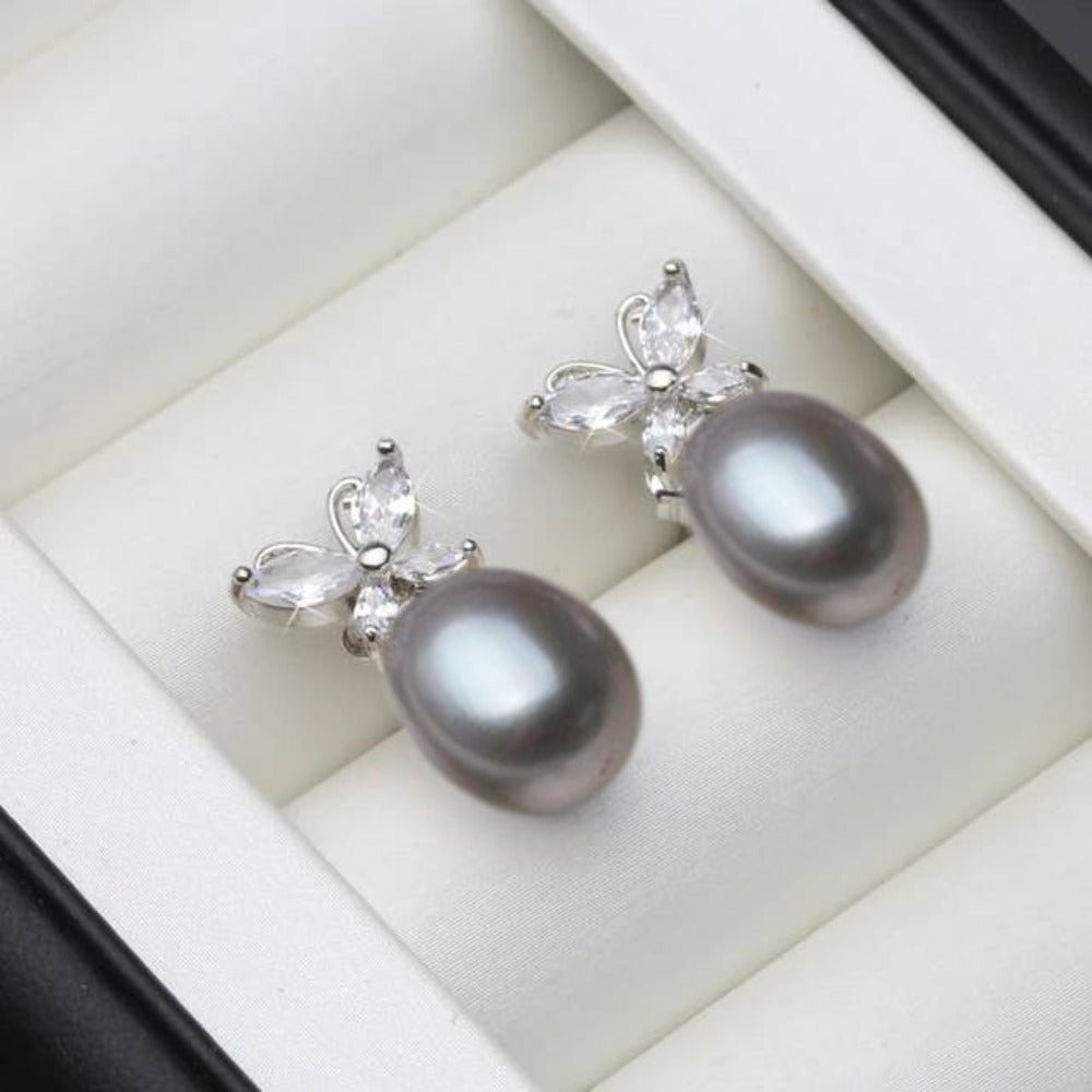 Genuine White Freshwater Pearl & Simulated Diamond Butterfly Stud Earrings - Brands N More