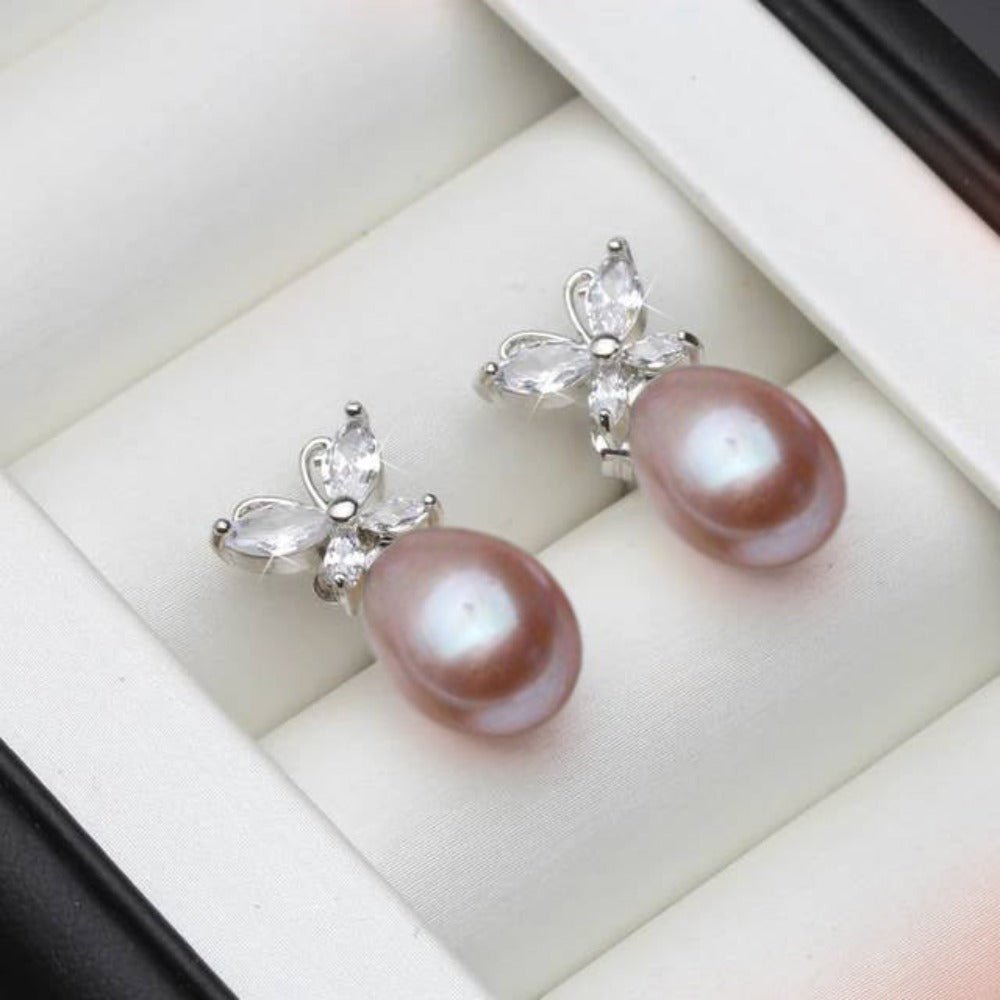 Genuine White Freshwater Pearl & Simulated Diamond Butterfly Stud Earrings - Brands N More