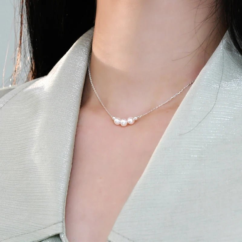 Genuine White Triple Freshwater Pearl Eternity Necklace in Silver - Brands N More
