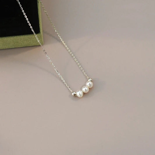 Genuine White Triple Freshwater Pearl Eternity Necklace in Silver - Brands N More