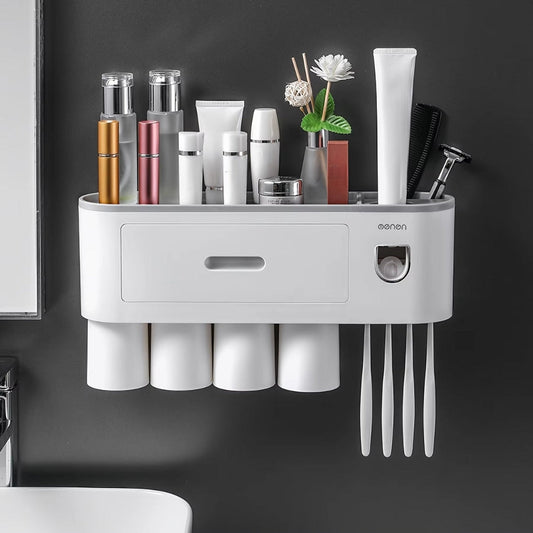 Large capacity white plastic toothbrush holder with cups holder, drawer and dispenser