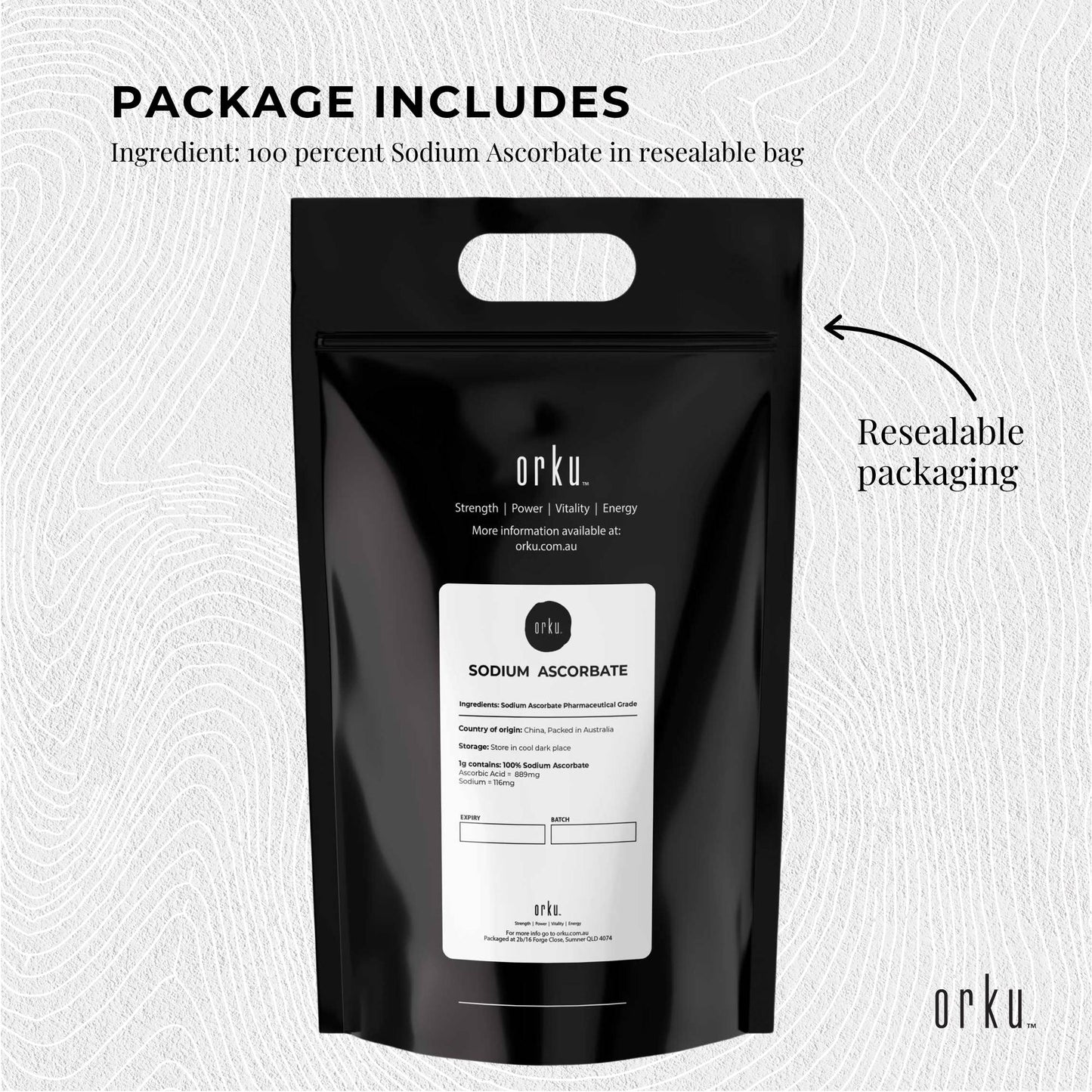 Orku 1Kg Sodium Ascorbate - High Purity Soluble Crystalline Powder Ingredient - Health & Beauty > Nutrition Supplements