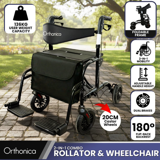 Orthonica Aluminium 2-in-1 Rollator Wheelchair with Foldable Frame – Black & Silver - Health Beauty > Wellbeing