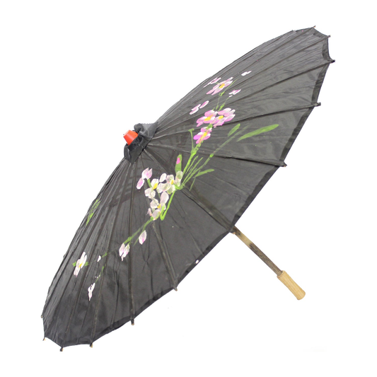 PARASOL UMBRELLA Chinese Japanese Bamboo Flower Pattern Fabric 80cm Diameter - Black - Fashion > Women’s Accessories