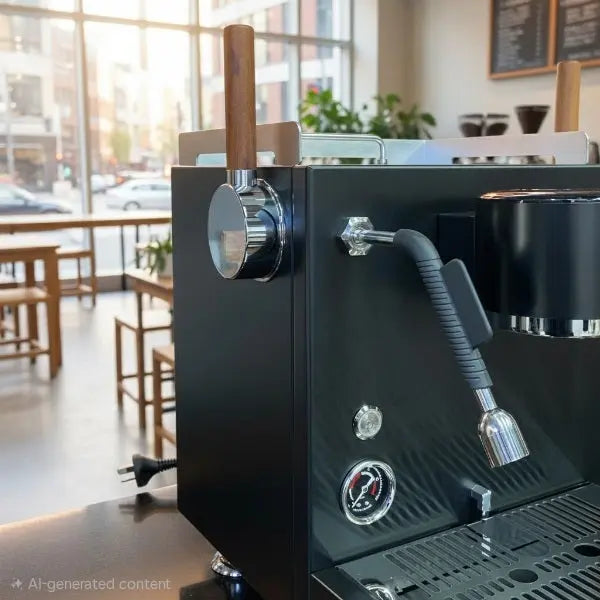  Turin-MC3 A close-up of a black espresso machine with chrome metal components and a wooden-topped lever handle, photographed in a bright cafe interior with tables and windows in the background.