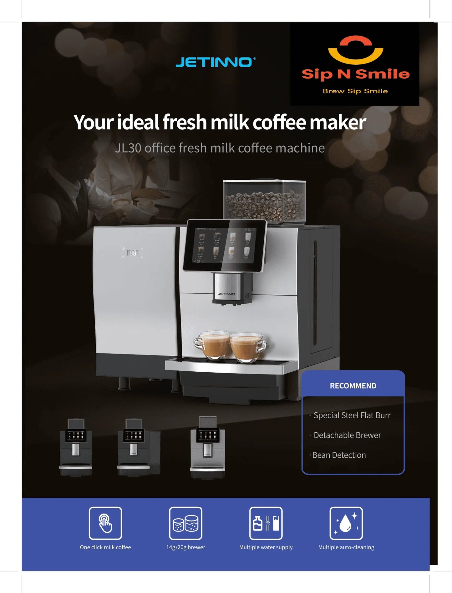 Advertisement for Jetinno JL30 office fresh milk coffee machine with features highlighted.