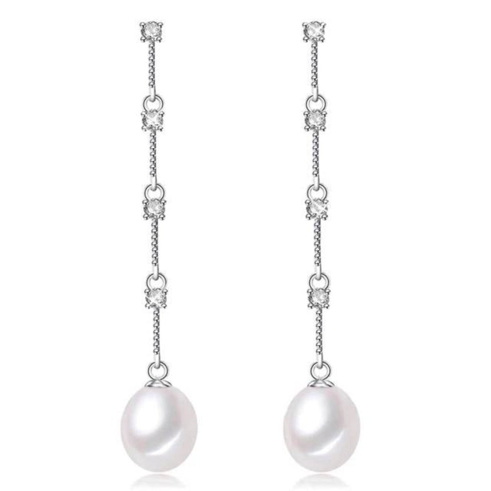 Stunning Simulated Diamond and Freshwater Pearl Dangle Earrings - Brands N More