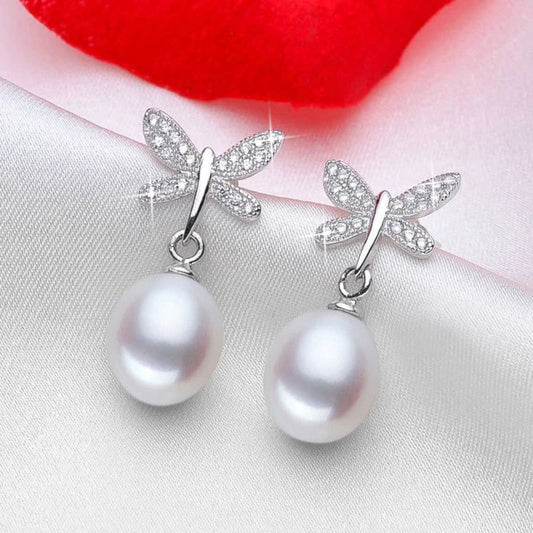 Stunning Simulated Diamond Freshwater Pearl Butterfly Stud Earrings - Brands N More